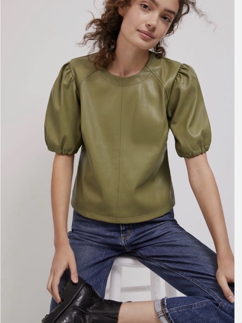 Anthropologie Puff-Sleeve Olive Faux Leather Top
